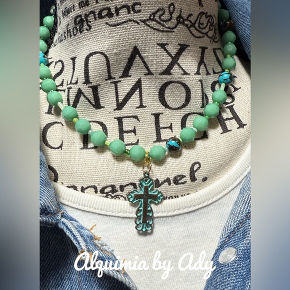 Turquoise Beaded Cross Necklace and blue crystal - Picture 1 of 4